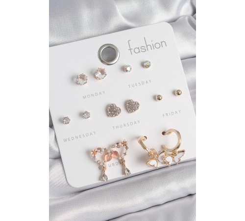 Pirinç Gold Renk Zirkon Taşlı Sallantılı Kalp Figür Detay 7 Çift Kadın Küpe Seti - TJ-BKP10539