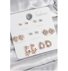 Pirinç Gold Renk Zirkon Taşlı Çiçek Figür 7 Çift Kadın Küpe Seti - TJ-BKP10540