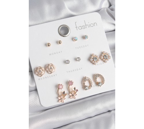 Pirinç Gold Renk Zirkon Taşlı Çiçek Figür 7 Çift Kadın Küpe Seti - TJ-BKP10540