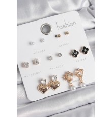 Pirinç Gold Renk Zirkon Taşlı Kalp Figür Siyah Yonca Detay 7 Çift Kadın Küpe Seti - TJ-BKP10541
