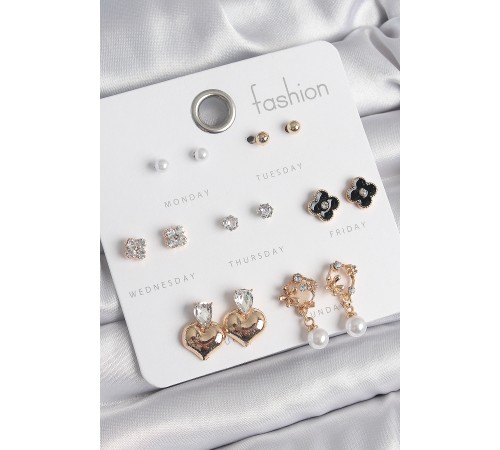 Pirinç Gold Renk Zirkon Taşlı Kalp Figür Siyah Yonca Detay 7 Çift Kadın Küpe Seti - TJ-BKP10541