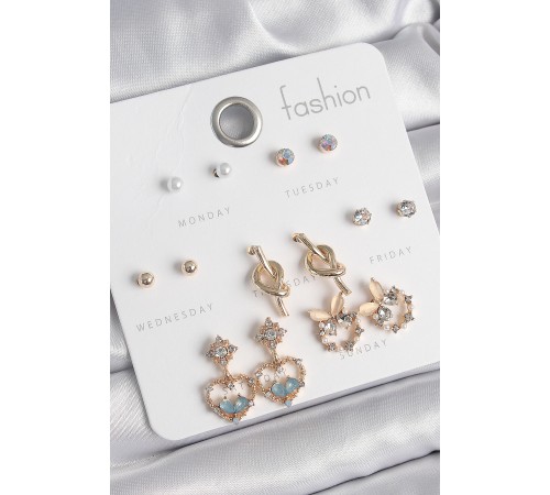 Pirinç Gold Renk Zirkon Taşlı Sallantı Kalp Figür Düğüm Detay 7 Çift Kadın Küpe Seti - TJ-BKP10542