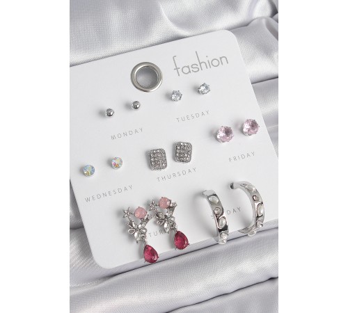 Pirinç Gümüş Renk Zirkon Taşlı Çiçek Figür İncili Halka Detay 7 Çift Kadın Küpe Seti - TJ-BKP10543