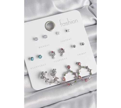 Pirinç Gümüş Renk Zirkon Taşlı Gül Figür Halka Model 7 Çift Kadın Küpe Seti - TJ-BKP10544