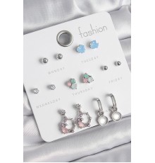 Pirinç Gümüş Renk Zirkon Taşlı Sallantı Halka Model Çiçek Detay 7 Çift Kadın Küpe Seti - TJ-BKP10545