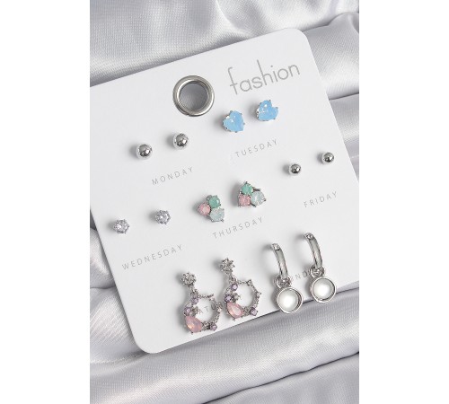 Pirinç Gümüş Renk Zirkon Taşlı Sallantı Halka Model Çiçek Detay 7 Çift Kadın Küpe Seti - TJ-BKP10545