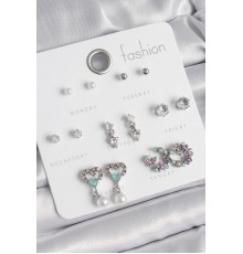 Pirinç Gümüş Renk Zirkon Taşlı Sallantılı Kalp Model Çiçek Detay 7 Çift Kadın Küpe Seti - TJ-BKP10546