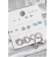 Pirinç Gümüş Renk İncli Zirkon Taşlı Halka Figür Yıldız Detay 7 Çift Kadın Küpe Seti - TJ-BKP10547