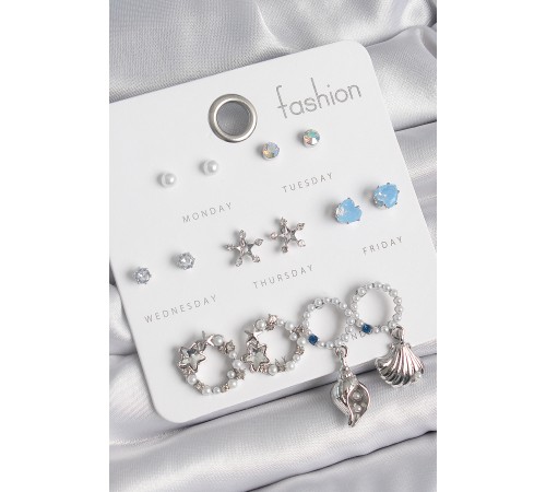 Pirinç Gümüş Renk İncli Zirkon Taşlı Halka Figür Yıldız Detay 7 Çift Kadın Küpe Seti - TJ-BKP10547