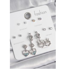 Pirinç Gümüş Renk Sallantı Zirkon Taşlı Kalp Model Düğüm Detay 7 Çift Kadın Küpe Seti - TJ-BKP10548