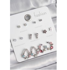 Pirinç Gümüş Renk Zirkon Taşlı Damla Model Çiçek Detay 7 Çift Kadın Küpe Seti - TJ-BKP10549