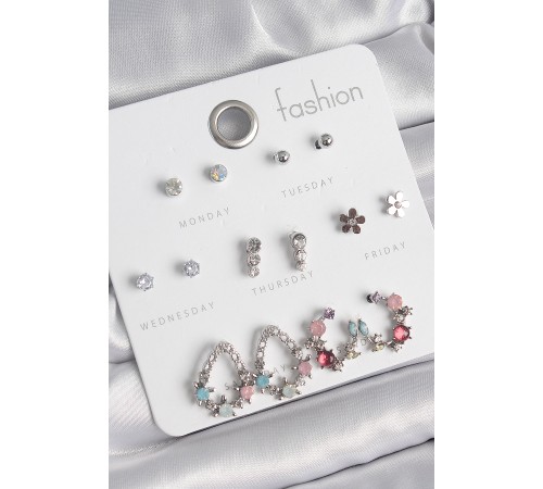 Pirinç Gümüş Renk Zirkon Taşlı Damla Model Çiçek Detay 7 Çift Kadın Küpe Seti - TJ-BKP10549