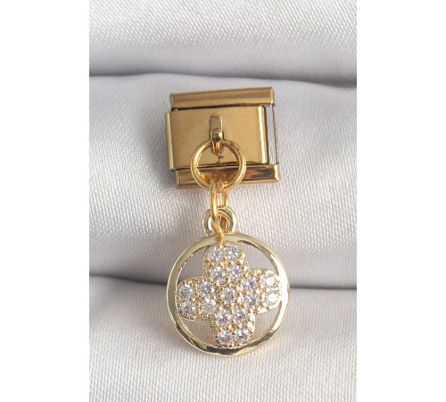316L Çelik Gold Renk Sallantı Zirkon Taşlı Yonca Model Nomination Charm - TJ-BC1340