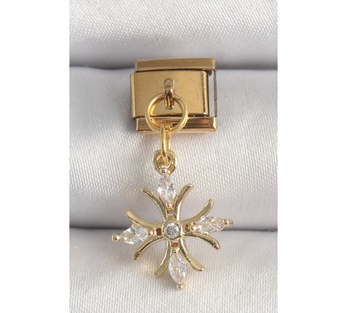 316L Çelik Gold Renk Sallantı Zirkon Taşlı Kar Tanesi Model Nomination Charm - TJ-BC1341