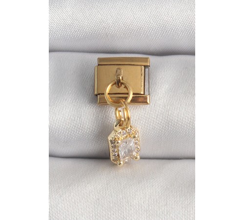 316L Çelik Gold Renk Sallantı Zirkon Taşlı Kare Model Nomination Charm - TJ-BC1348