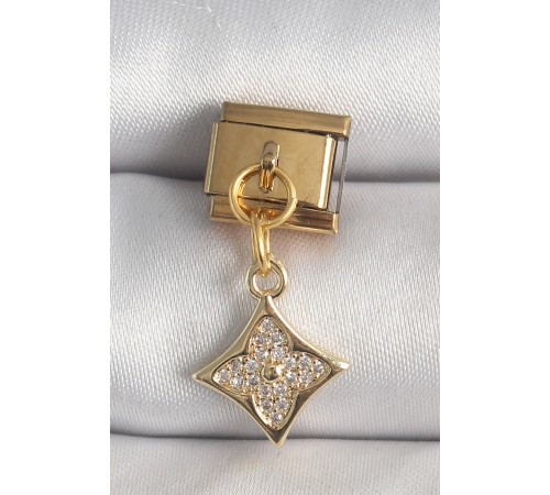 316L Çelik Gold Renk Sallantı Zirkon Taşlı Çiçek İşlemeli Nomination Charm - TJ-BC1355