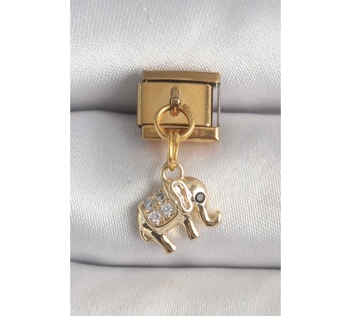 316L Çelik Gold Renk Sallantı Zirkon Taşlı Fil Model Nomination Charm - TJ-BC1362