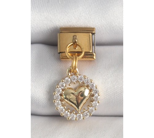 316L Çelik Gold Renk Sallantı Zirkon Taşlı Kalp Model Nomination Charm - TJ-BC1367