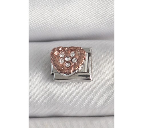 316L Çelik Gümüş Renk Zirkon Taşlı Bronz Kalp İşlemeli Nomination Charm - TJ-BC1393