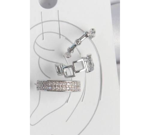 Pirinç Gümüş Renk Zirkon Taşlı 3'Lü Model Kare Bambu Model Kadın Kıkırdak Küpe - TJ-BKP10567