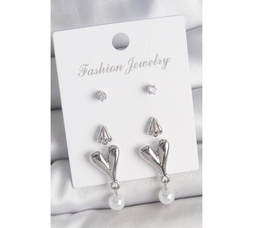 Pirinç Gümüş Renk Zirkon Taşlı Sallantılı Kalp Model 3 Çift Kadın Küpe Seti - TJ-BKP10590