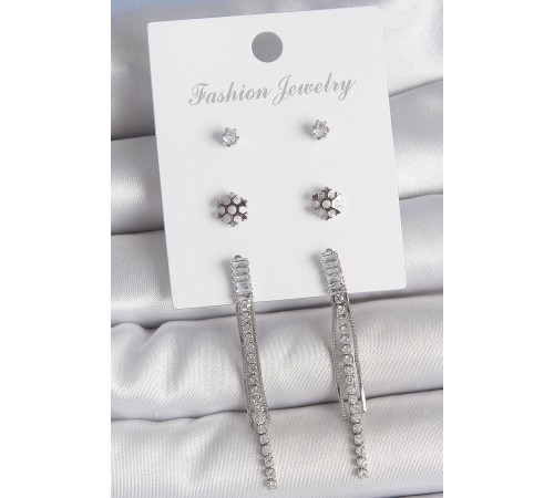 Pirinç Gold Renk Zirkon Taşlı Sallantılı Çiçek Detay 3 Çfit Kadın Küpe Seti - TJ-BKP10591