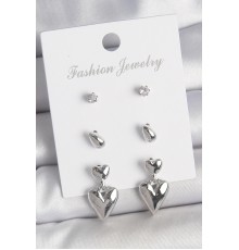 Pirinç Gümüş Renk Zirkon Taşlı Sallantılı Kalp Model 3 Çift Kadın Küpe Seti - TJ-BKP10592
