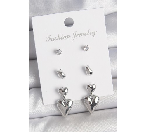 Pirinç Gümüş Renk Zirkon Taşlı Sallantılı Kalp Model 3 Çift Kadın Küpe Seti - TJ-BKP10592