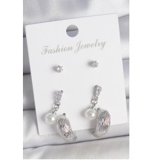 Pirinç Gümüş Renk Sallantılı Zirkon Taşlı Damla Model 3 Çift Kadın Küpe Seti - TJ-BKP10593