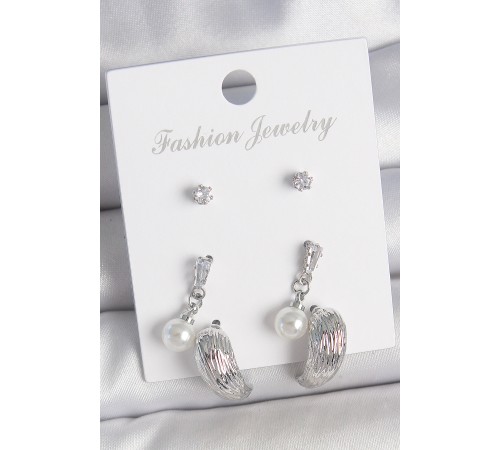 Pirinç Gümüş Renk Sallantılı Zirkon Taşlı Damla Model 3 Çift Kadın Küpe Seti - TJ-BKP10593