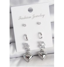 Pirinç Gümüş Renk Zirkon Taşlı Sallantılı Kalp Model Yarım Halka Detay 3 Çfit Kadın Küpe Seti - TJ-BKP10594