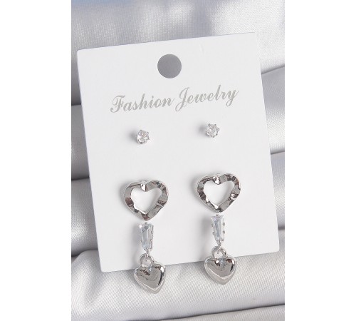 Pirinç Gümüş Renk Zirkon Taş Detaylı Sallantı Model 2 Çift Kadın Küpe Seti - TJ-BKP10595