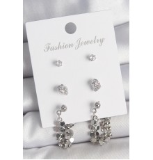 Pirinç Gümüş Renk Zirkon Taşlı Pullu Sallantılı Model 3 Çift Kadın Küpe Seti - TJ-BKP10596