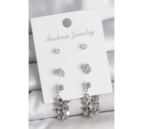 Pirinç Gümüş Renk Zirkon Taşlı Pullu Sallantılı Model 3 Çift Kadın Küpe Seti - TJ-BKP10596