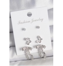 Pirinç Gümüş Renk Zirkon Taşlı Fiyonk Model Detay 3 Çift Kadın Küpe - TJ-BKP10597