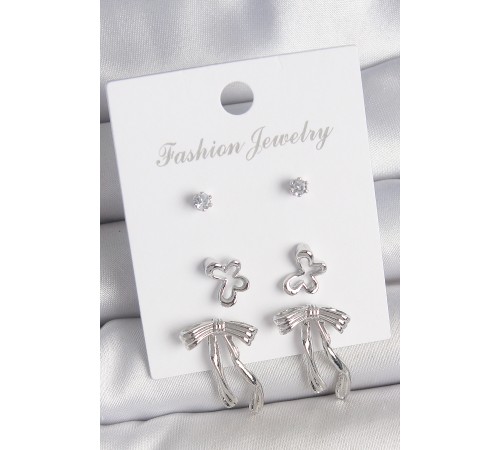 Pirinç Gümüş Renk Zirkon Taşlı Fiyonk Model Detay 3 Çift Kadın Küpe - TJ-BKP10597