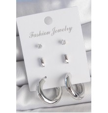 Pirinç Gümüş Renk Zirkon Taş Detay Halka Model 3 Çift Kadın Küpe Seti - TJ-BKP10598