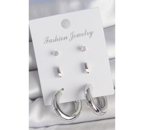 Pirinç Gümüş Renk Zirkon Taş Detay Halka Model 3 Çift Kadın Küpe Seti - TJ-BKP10598