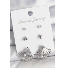 Pirinç Gümüş Renk Zirkon Taş Detaylı İnci Detaylı Deniz Kabuğu Model 3 Çift Kadın Küpe - TJ-BKP10599