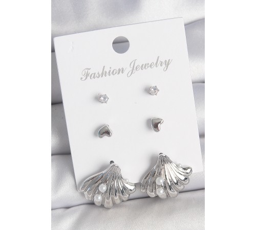 Pirinç Gümüş Renk Zirkon Taş Detaylı İnci Detaylı Deniz Kabuğu Model 3 Çift Kadın Küpe - TJ-BKP10599