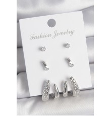 Pirinç Gümüş Renk Zirkon Taş Detaylı İşlemeli Motif Model 3 Çift Kadın Küpe Seti - TJ-BKP10600