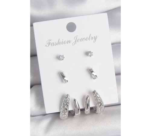 Pirinç Gümüş Renk Zirkon Taş Detaylı İşlemeli Motif Model 3 Çift Kadın Küpe Seti - TJ-BKP10600