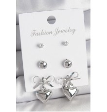 Pirinç Gümüş Renk Zirkon Taş Detaylı Fiyonk Sallantılı Kalp Model Kadın 3 Çift Kadın Küpe Seti - TJ-BKP10601