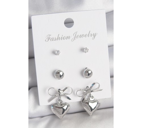 Pirinç Gümüş Renk Zirkon Taş Detaylı Fiyonk Sallantılı Kalp Model Kadın 3 Çift Kadın Küpe Seti - TJ-BKP10601