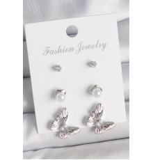 Pirinç Gümüş Renk Zirkon Taşlı İnci Detaylı Model 3 Çift Kadın Küpe Seti - TJ-BKP10602