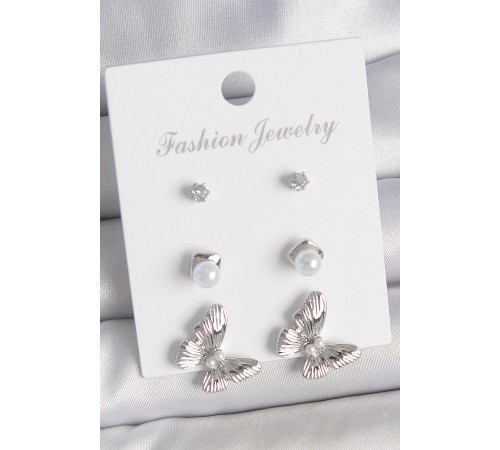 Pirinç Gümüş Renk Zirkon Taşlı İnci Detaylı Model 3 Çift Kadın Küpe Seti - TJ-BKP10602