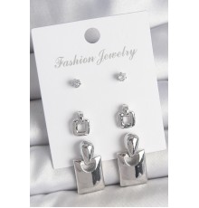 Pirinç Gümüş Renk Zirkon Taş Detay Sallantılı Kare Model 3 Çift Kadın Küpe Seti - TJ-BKP10603