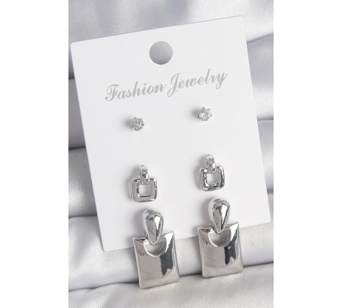 Pirinç Gümüş Renk Zirkon Taş Detay Sallantılı Kare Model 3 Çift Kadın Küpe Seti - TJ-BKP10603