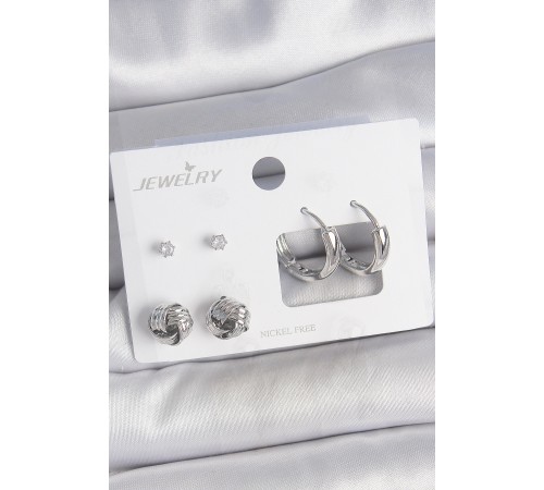 Pirinç Gümüş Renk Zirkon Taşlı Halka Model 3 Çift Kadın Küpe Seti - TJ-BKP10604