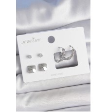 Pirinç Gümüş Renk Zirkon Taşlı Burgu Halka Model Kare Detay 3 Çift Kadın Küpe Seti - TJ-BKP10605